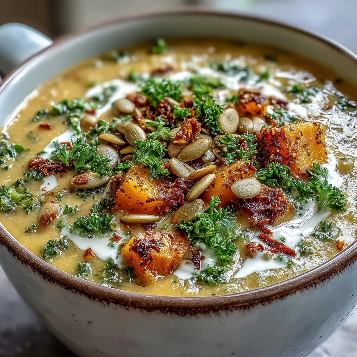 A bowl of creamy Roasted Broccoli and Butternut Squash Soup topped with pumpkin seeds and fresh parsley.