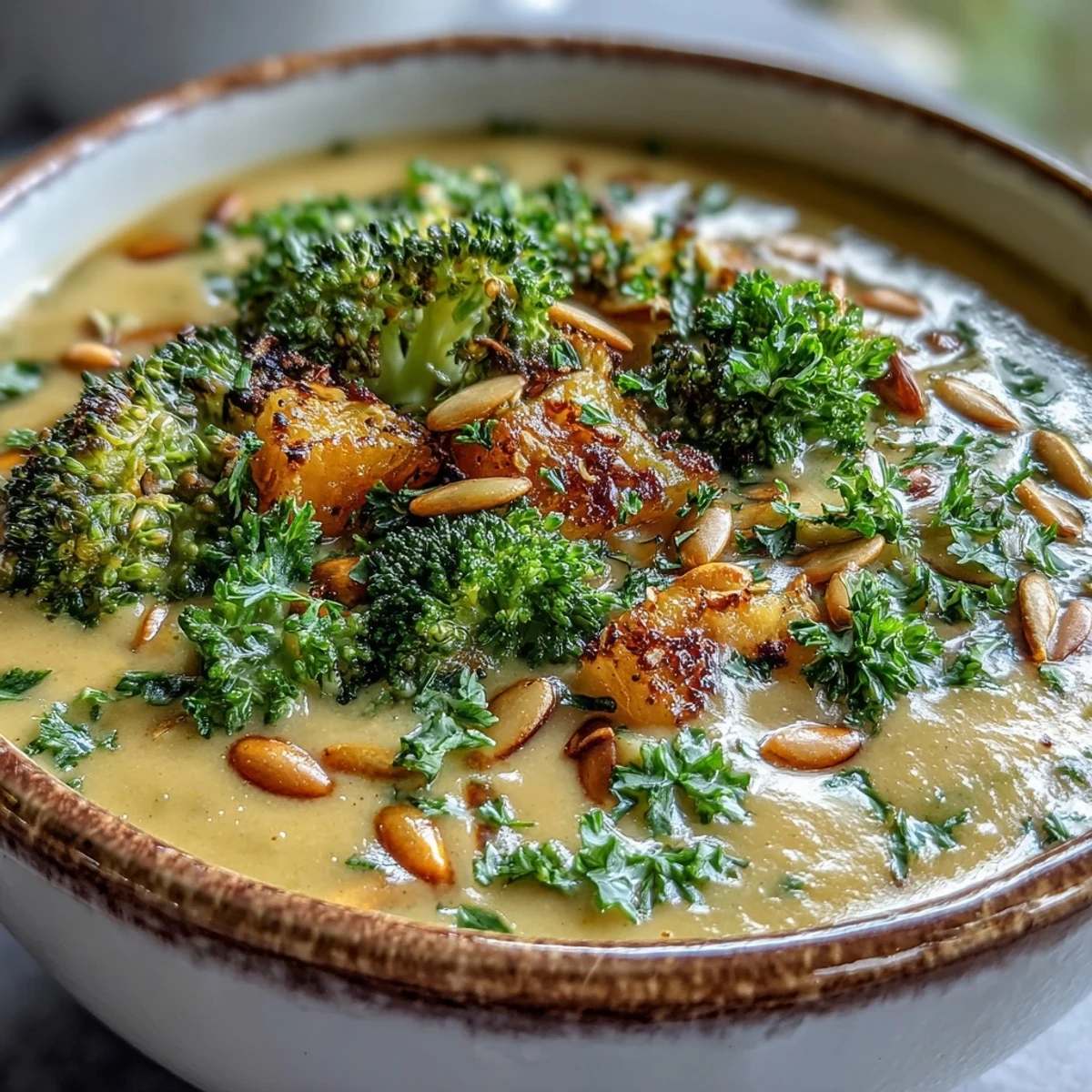 Steaming Roasted Broccoli and Butternut Squash Soup in a rustic bowl, showcasing the vibrant green and orange blended puree.
