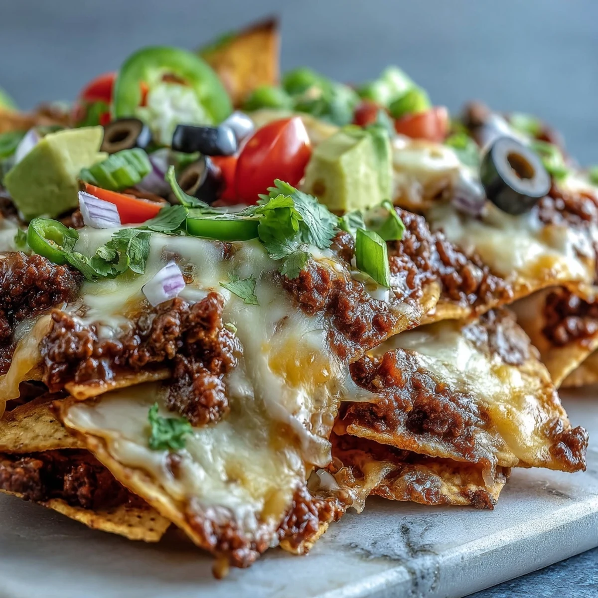 Freshly baked Baked Nachos with melted cheddar and Monterey Jack cheese over crispy tortilla chips and savory ground beef.