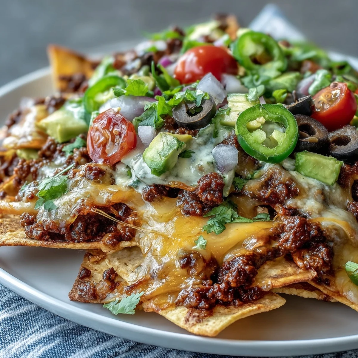 Loaded Baked Nachos topped with jalapeños, black beans, and fresh cilantro served on a warm baking sheet.