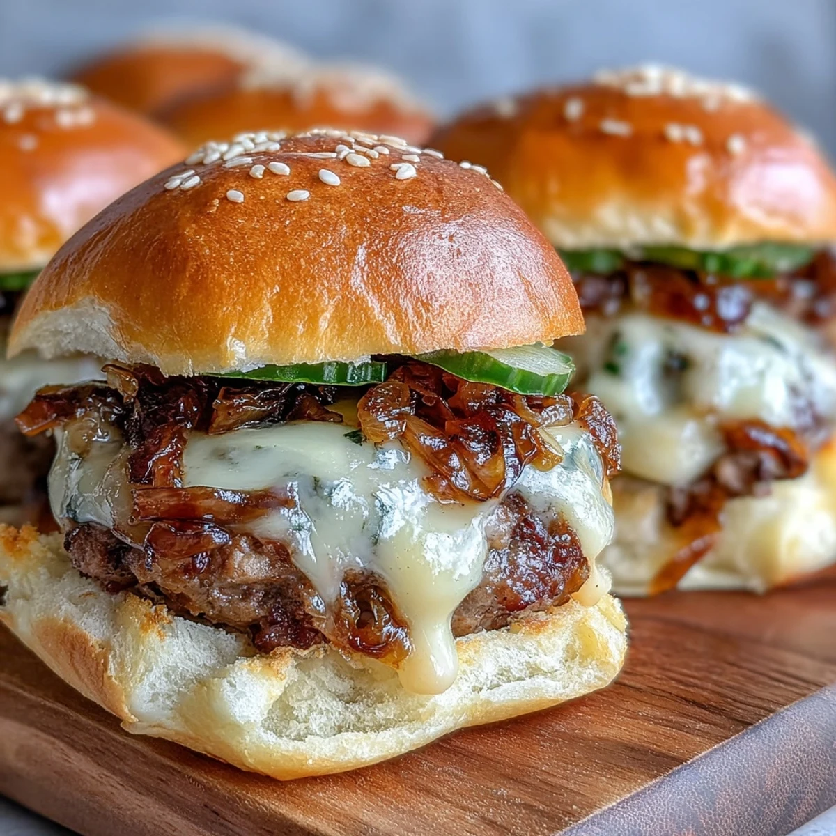 Golden brown Touchdown Brat Sliders with melted cheddar beer cheese sauce oozing over juicy patties.