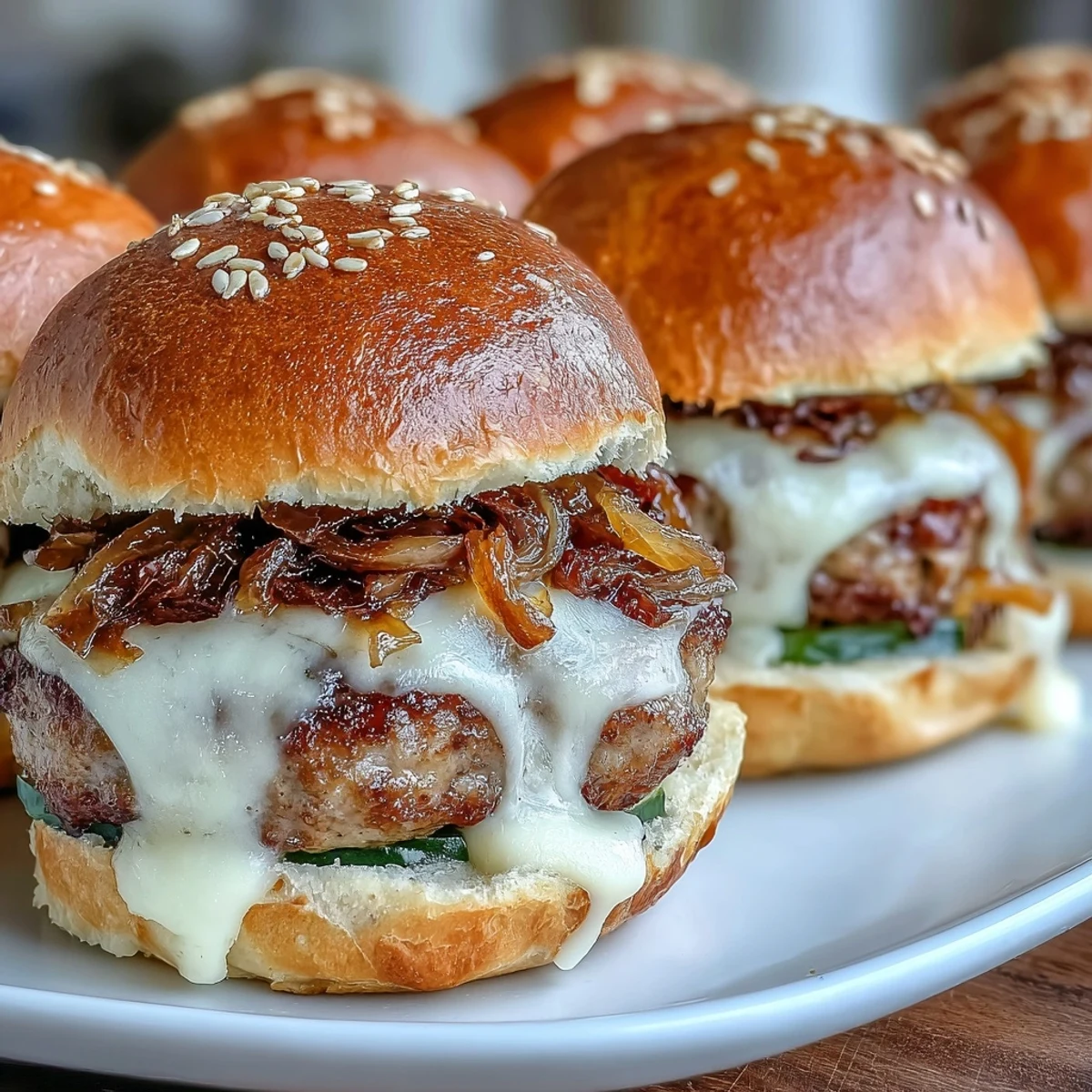 Twelve savory Touchdown Brat Sliders with caramelized onions and pickles on soft sesame buns.
