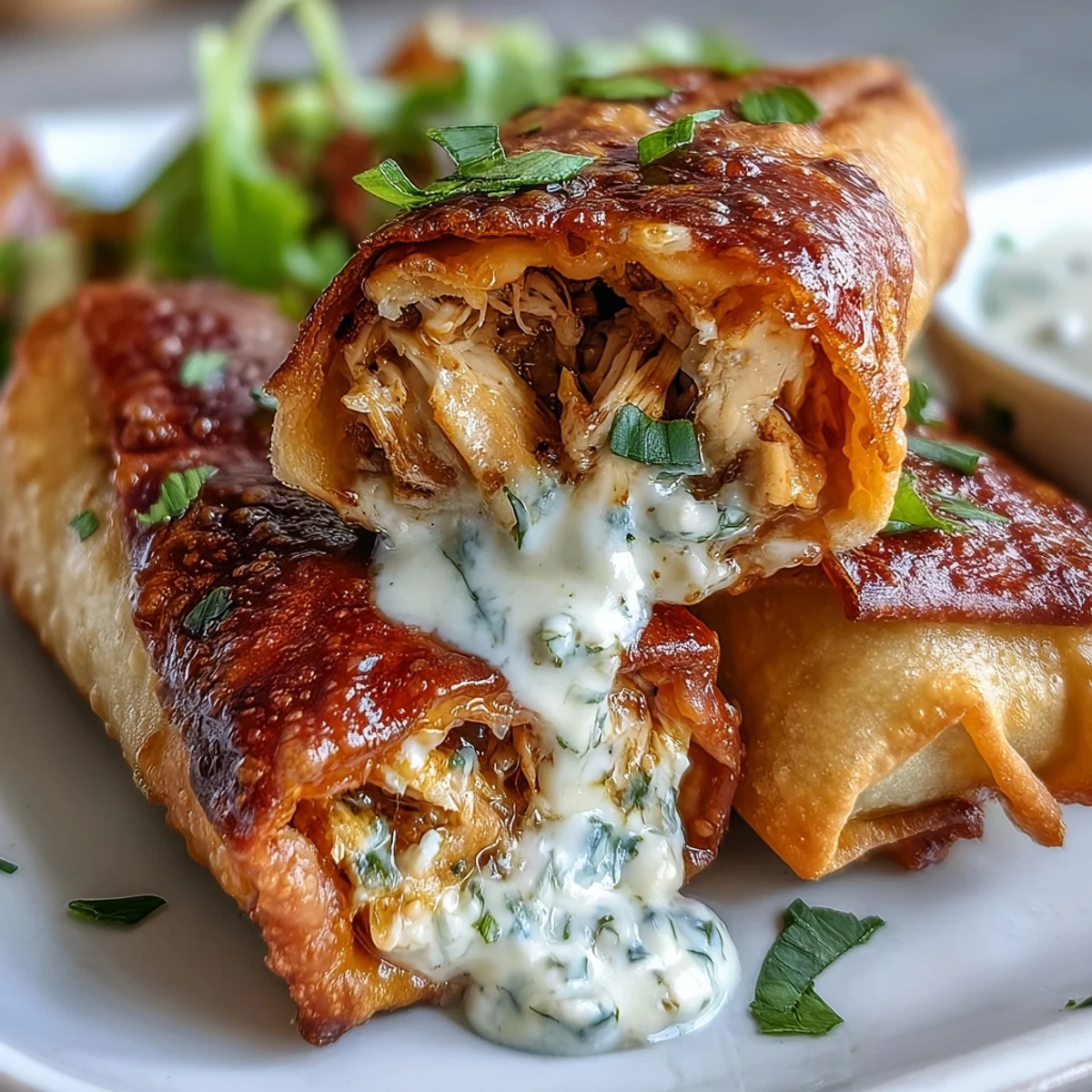 Golden-brown Mini Chicken Chimis with Jalapeño Cream Cheese sit on a plate with green enchilada sauce for dipping.