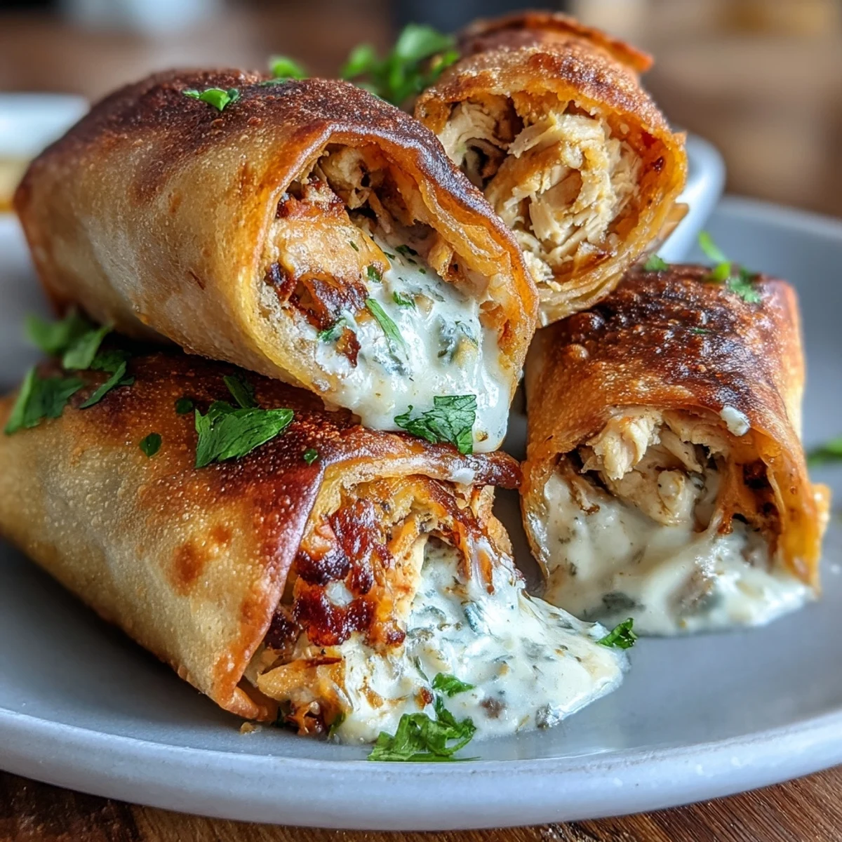Platter of bite-sized Mini Chicken Chimis with Jalapeño Cream Cheese, paired with sour cream and salsa for dipping.