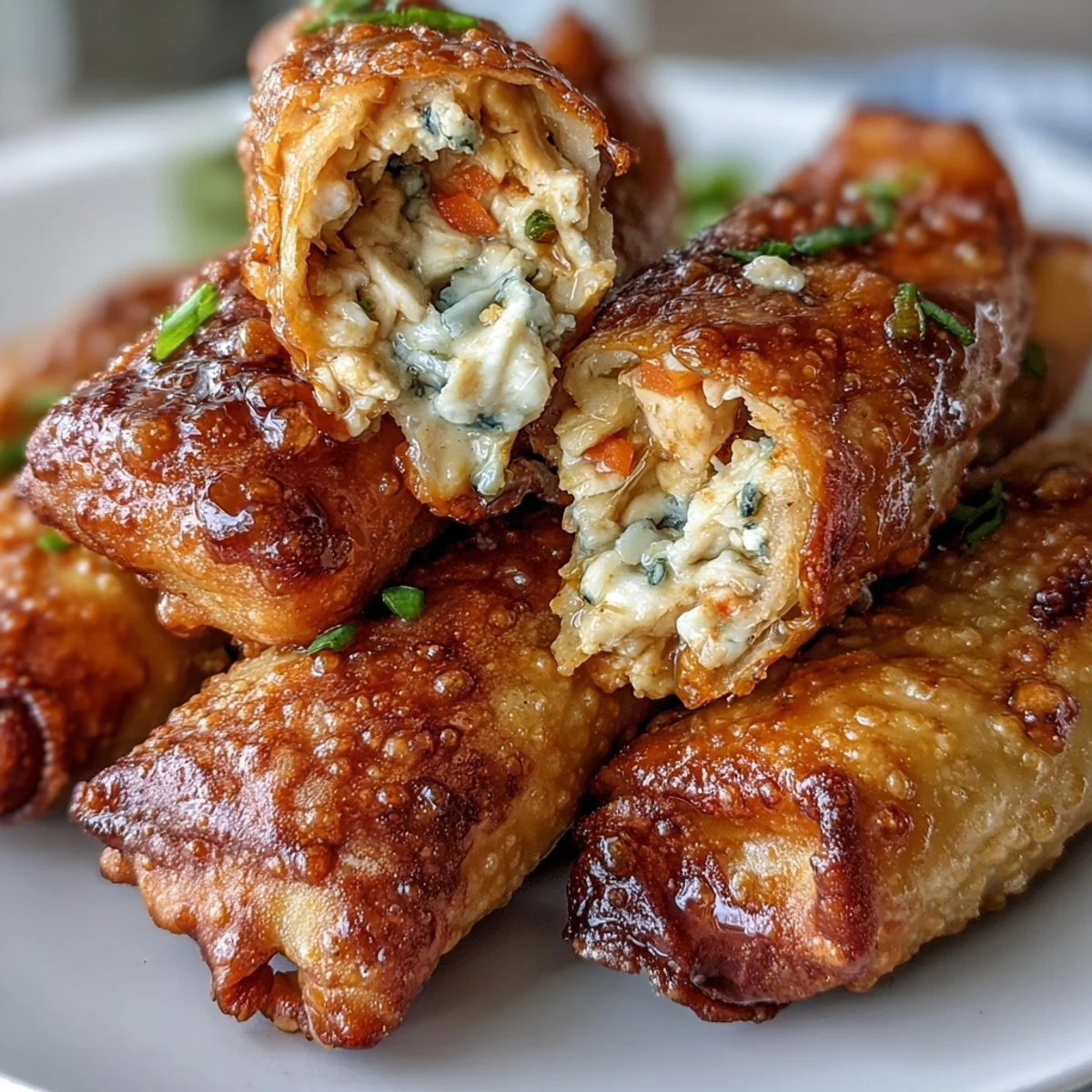 Crispy golden Buffalo Chicken Egg Rolls with ranch dipping sauce, served on a rustic platter for game day.