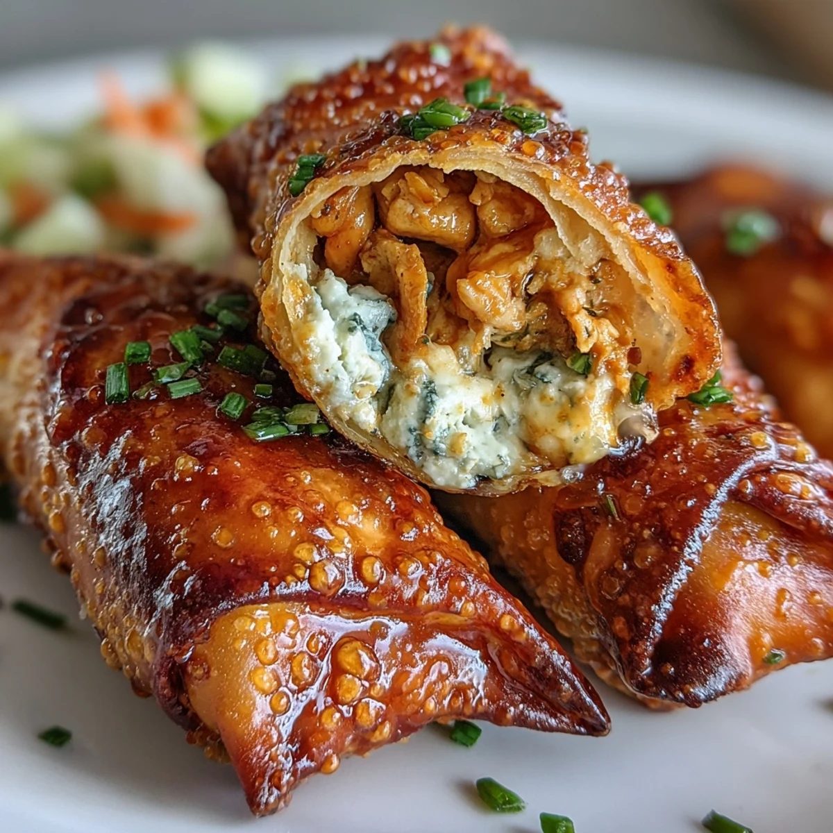 Freshly cooked Buffalo Chicken Egg Rolls stacked high, steam rising, with celery sticks and carrot sticks for dipping.