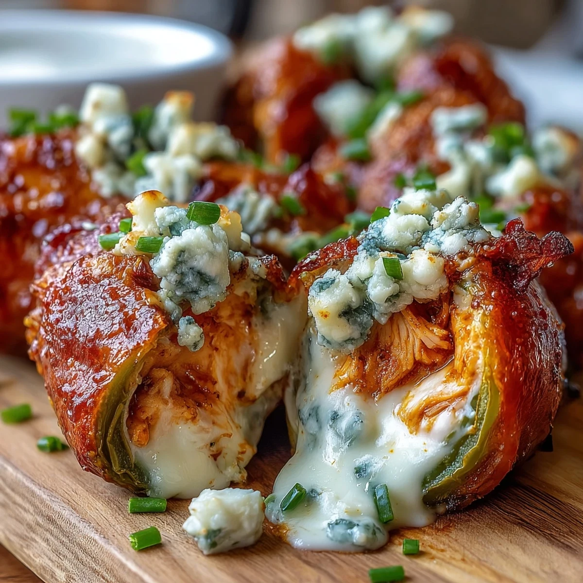 Golden-brown Buffalo Wing Poppers bubbling on a platter, drizzled with tangy buffalo sauce and sprinkled with fresh chives.