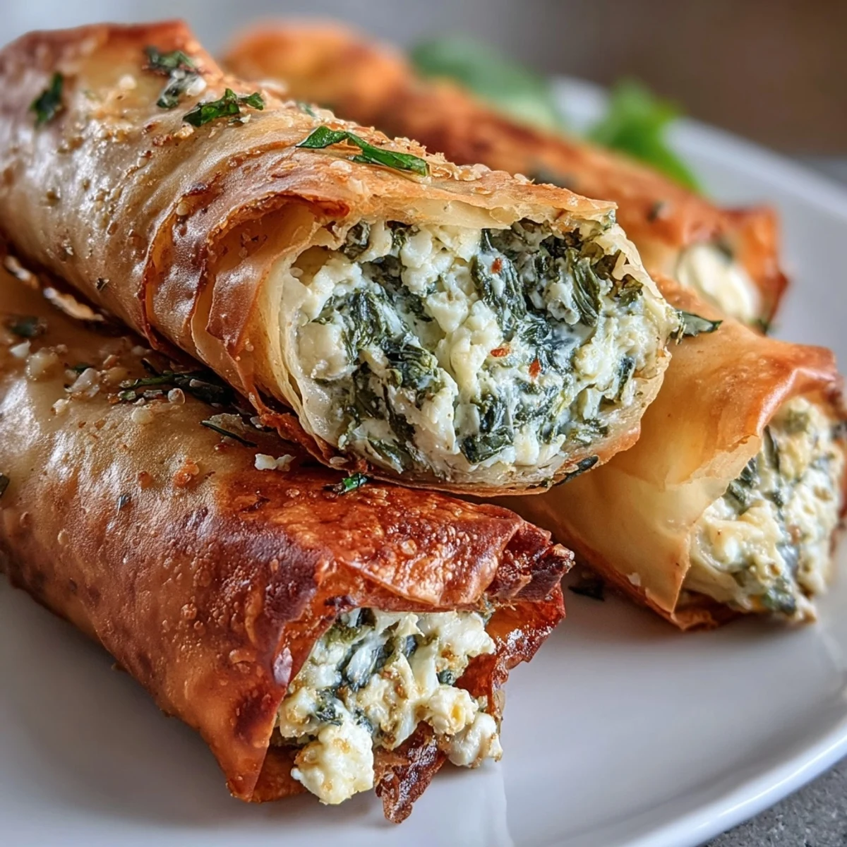 Freshly fried Spanakopita Spring Rolls arranged on a platter with creamy tzatziki for dipping and lemon wedges nearby.
