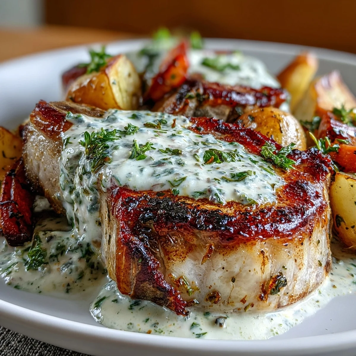 Fork-tender Crockpot Ranch Pork Chops in creamy gravy, served over soft potatoes and carrots.