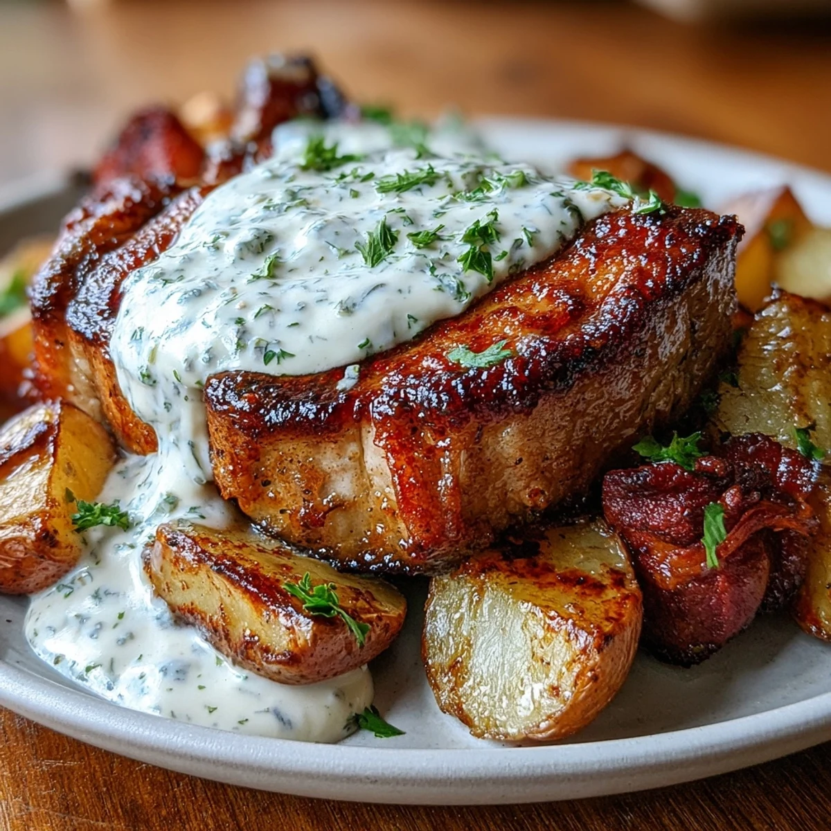 Comforting Crockpot Ranch Pork Chops plated with tender veggies, garnished with fresh parsley.