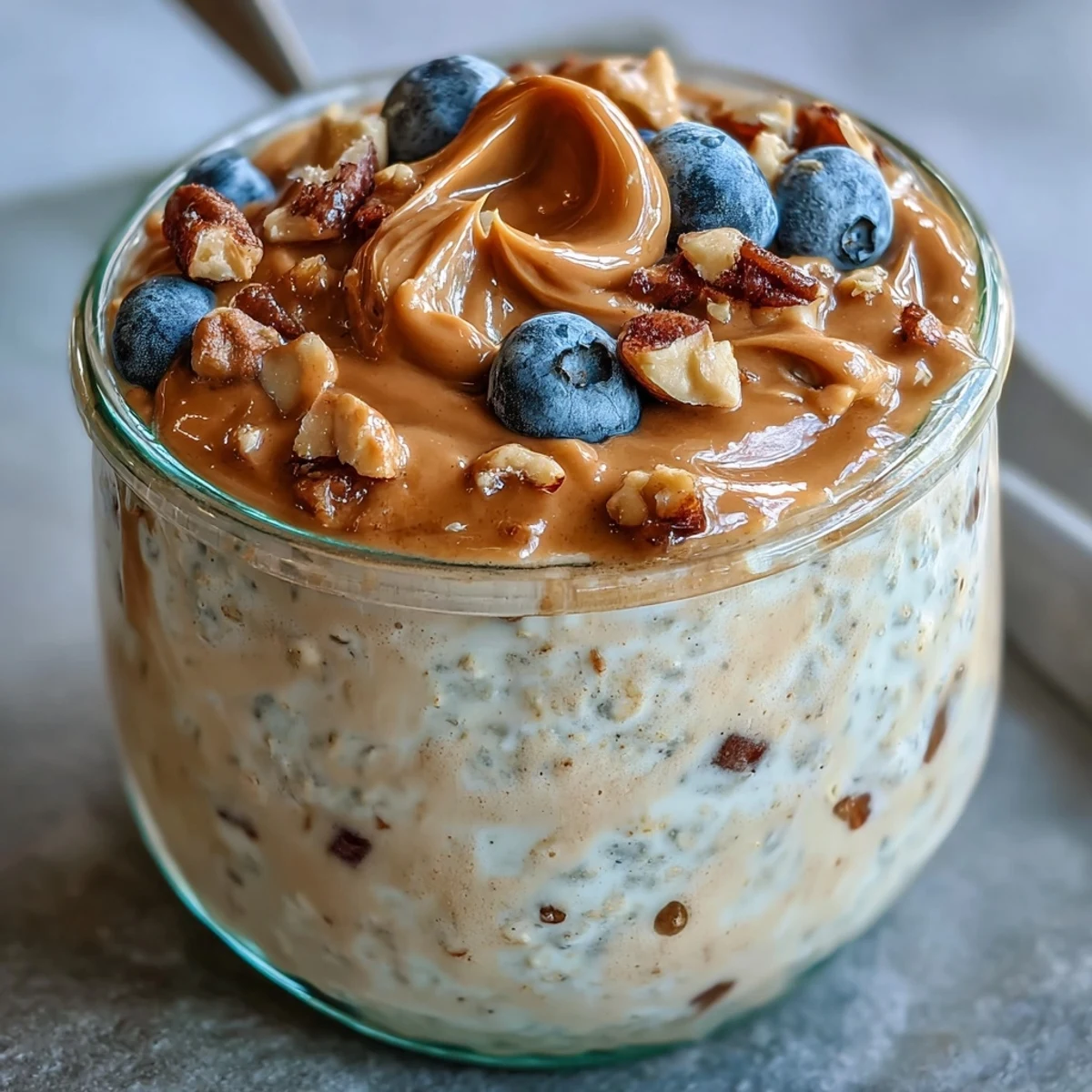 Overnight oats with creamy peanut butter and protein powder sit in a jar, topped with sliced bananas.