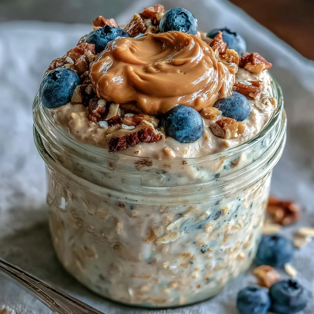 A jar of High-Protein Peanut Butter Overnight Oats next to a honey drizzle, vanilla protein scoop, and oats.