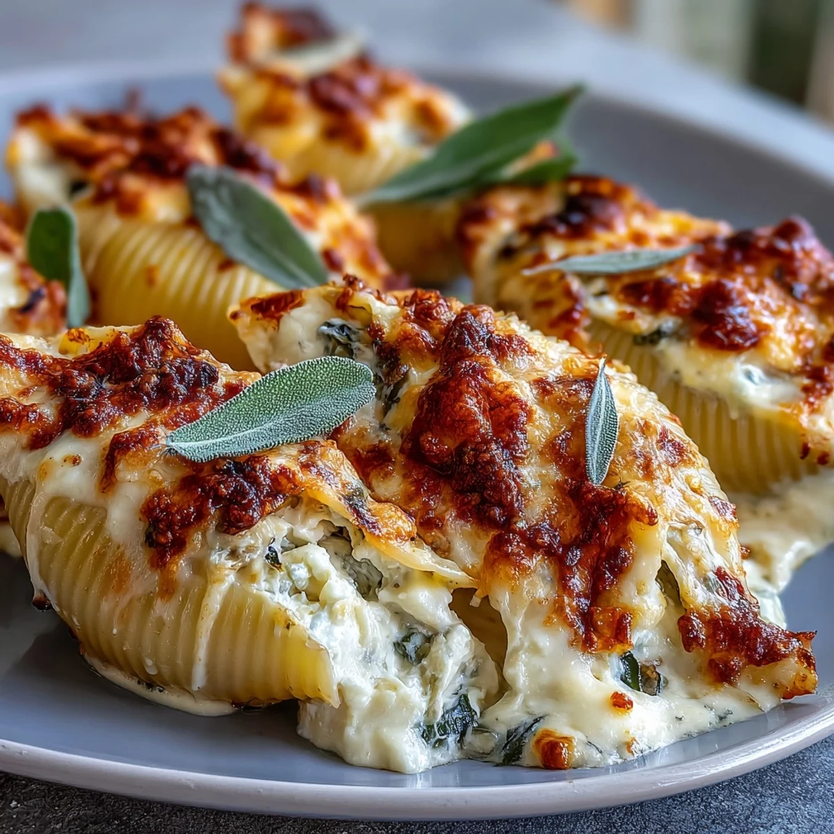Golden, bubbly Pumpkin & Gouda Stuffed Shells with brown butter sage Alfredo sauce garnished with fresh herbs.