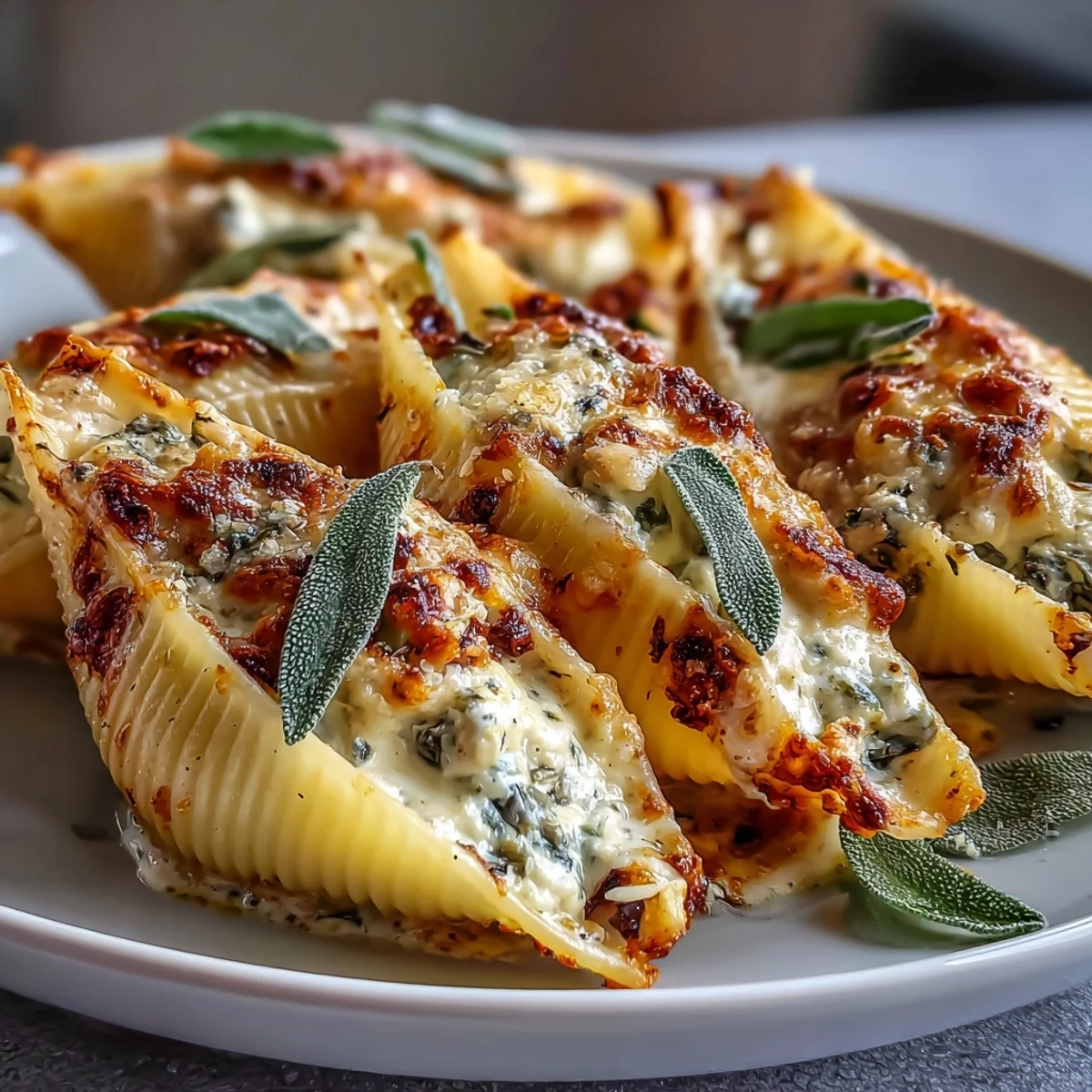 Serving of Pumpkin & Gouda Stuffed Shells drizzled with brown butter sage sauce, perfect for cozy Italian dinners.