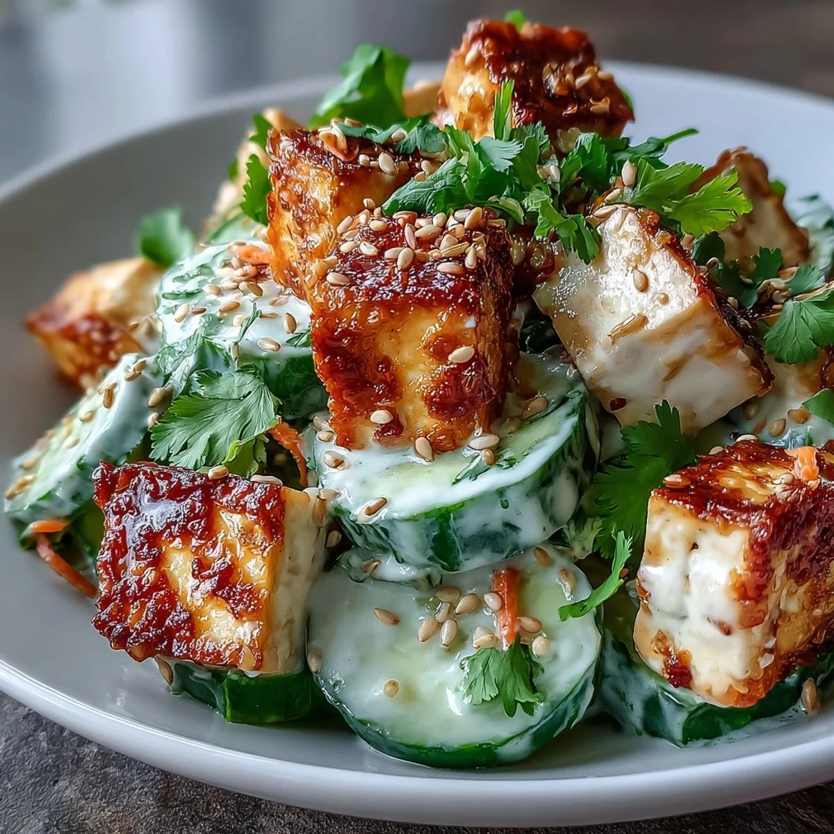 Golden crispy tofu cubes rest atop creamy Asian cucumber salad with carrot matchsticks and sesame seeds. 