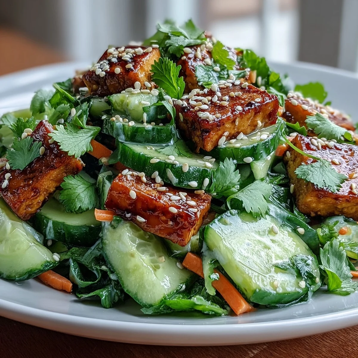 Freshly tossed creamy Asian cucumber salad features cool cucumbers and vibrant carrots in sesame-ginger dressing. 