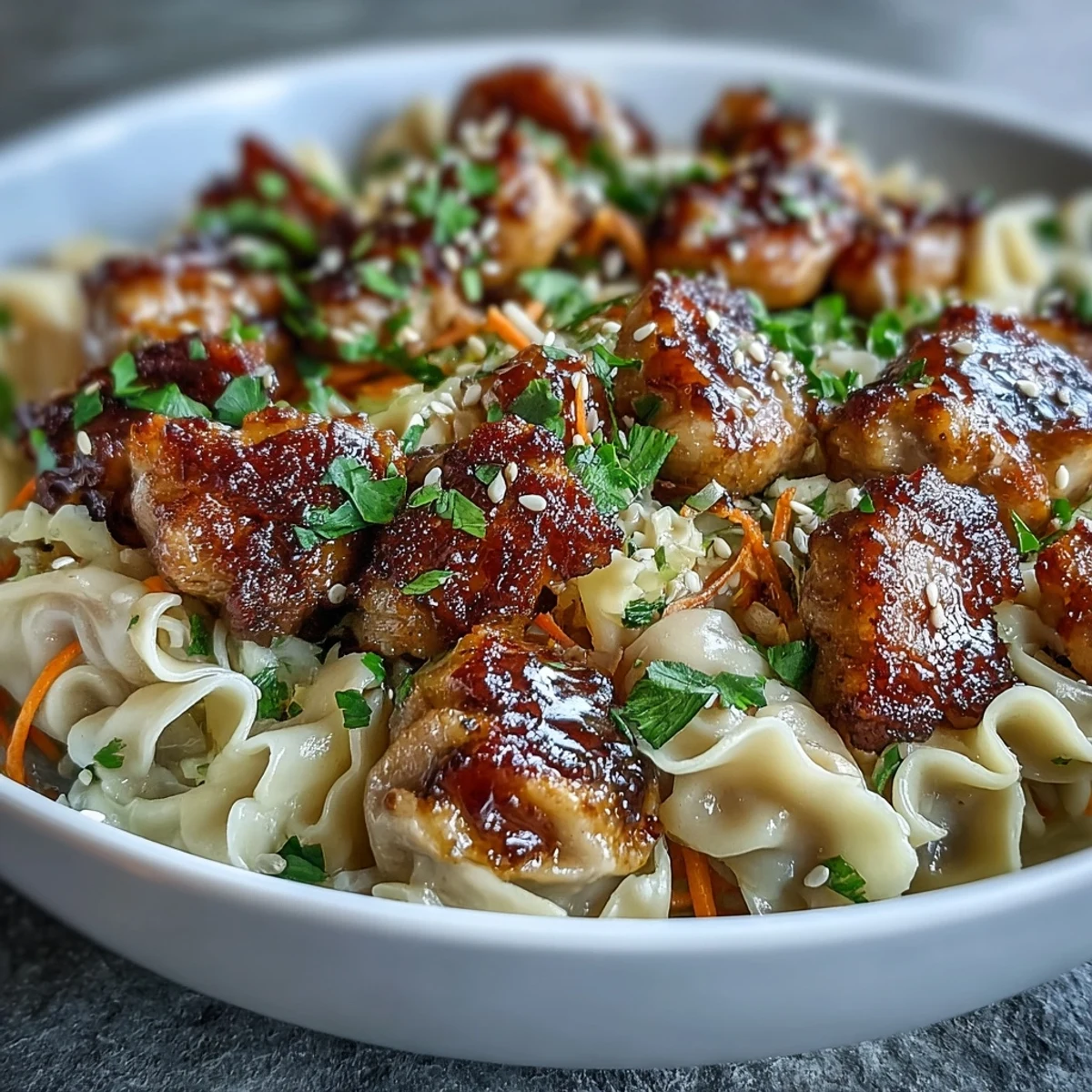 Steaming bowl of Potsticker Noodle Bowls featuring tender rice noodles tossed with sautéed vegetables and a chili-garlic drizzle.