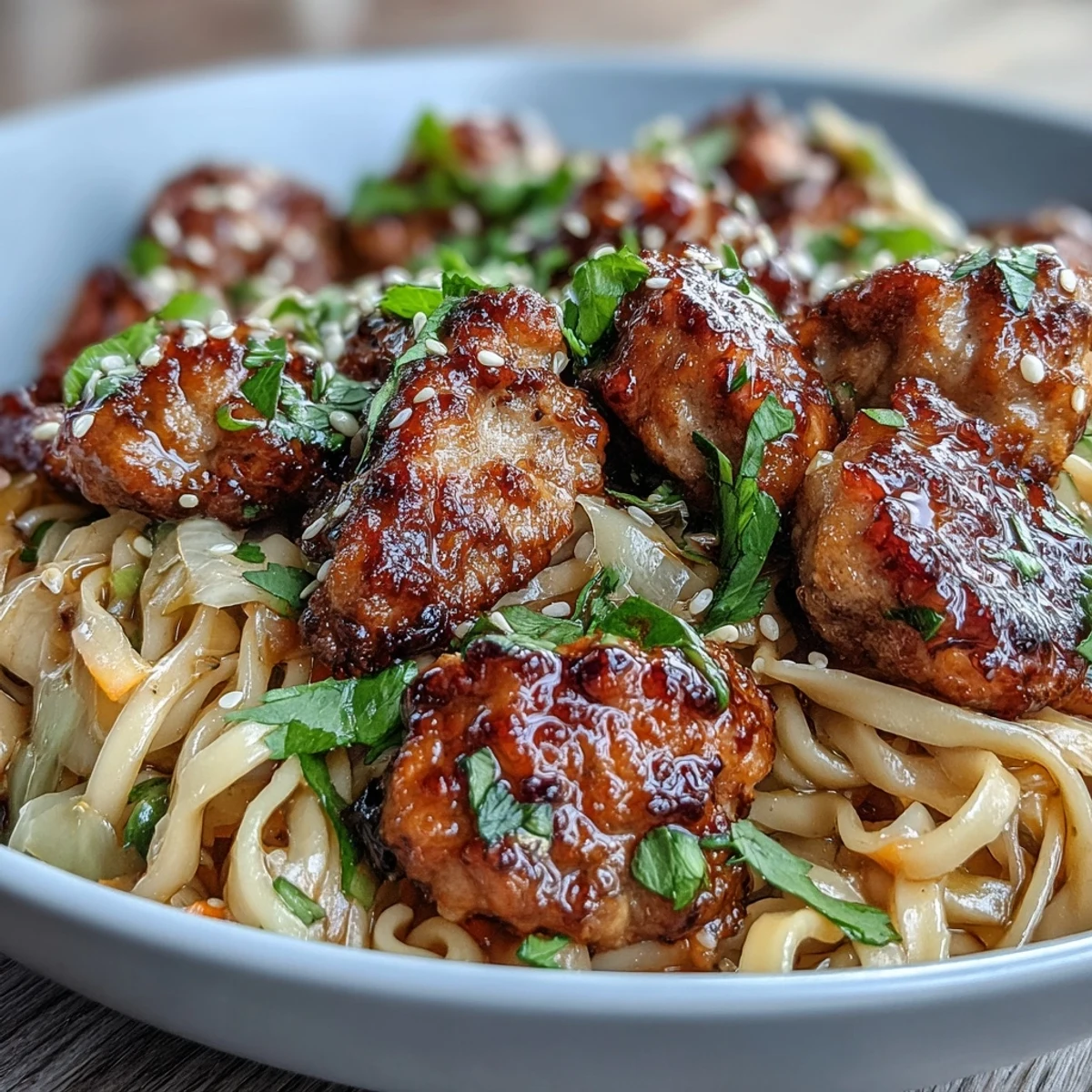A vibrant serving of Potsticker Noodle Bowls topped with fresh cilantro, sesame seeds, and lime wedges on a rustic table.