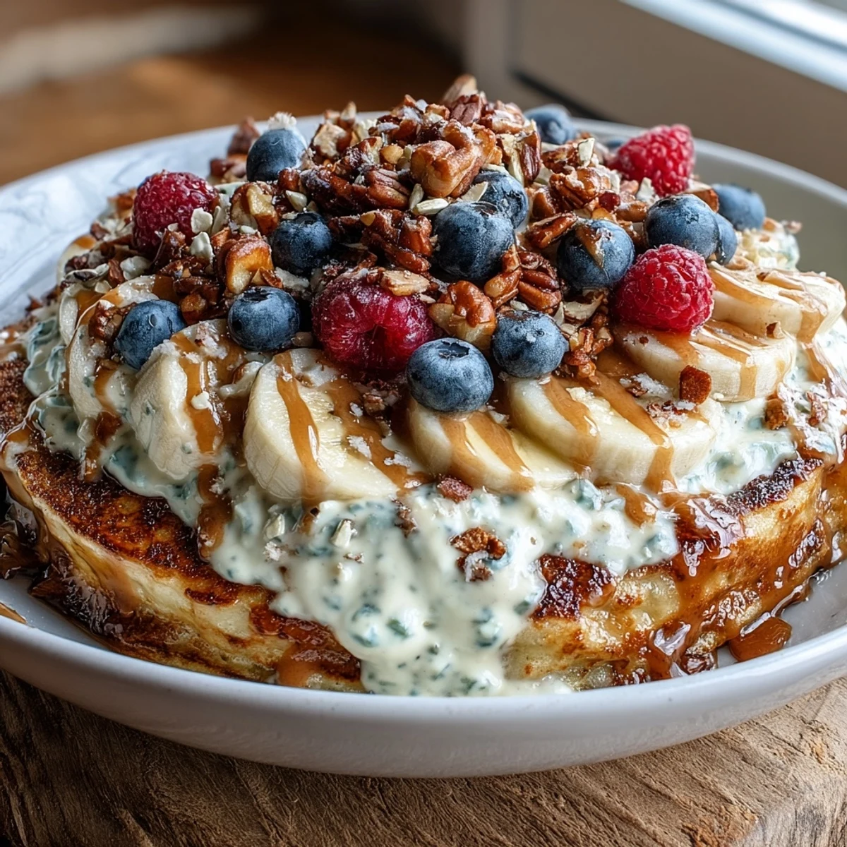 A warm Protein Pancake Bowl filled with fluffy oat and banana pancakes, topped with creamy Greek yogurt and fresh berries.