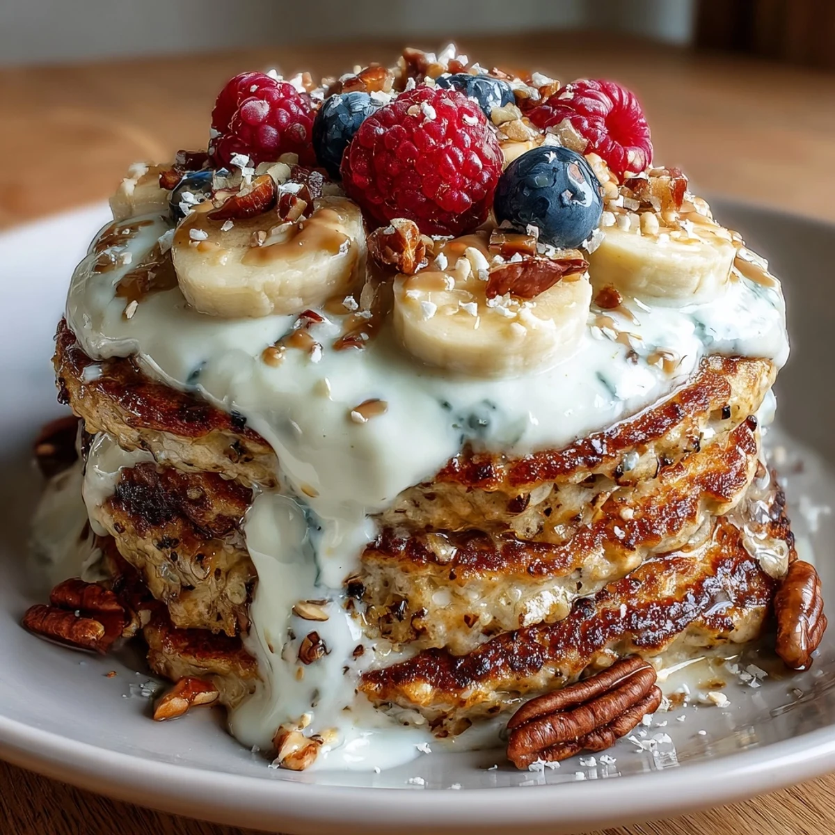 Spoon into a hearty Protein Pancake Bowl, mixing warm pancakes with tangy yogurt and crunchy granola for a satisfying breakfast.