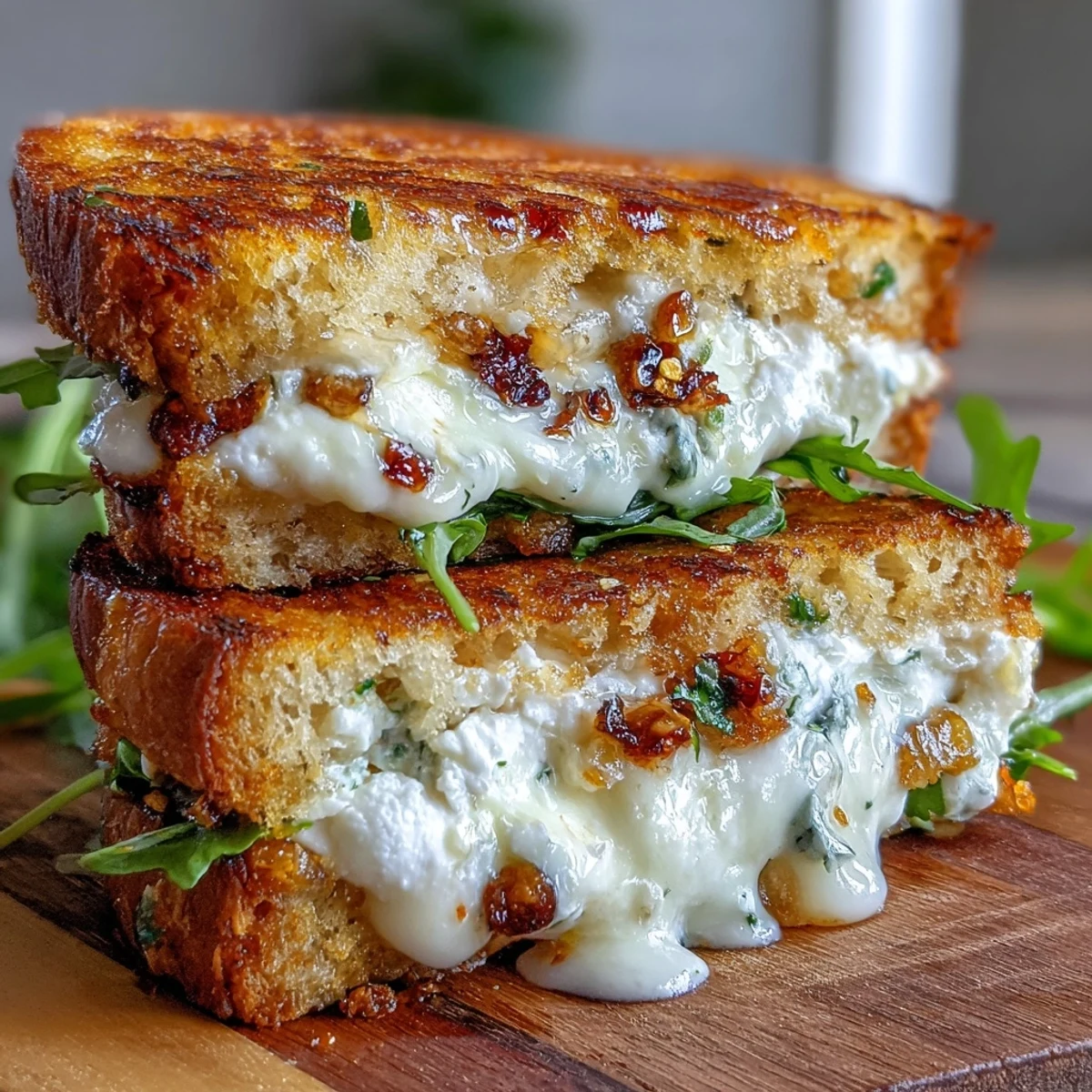 Golden-brown Goat Cheese Grilled Cheese with Honey & Chili Flakes on buttered sourdough, oozing creamy chèvre filling.