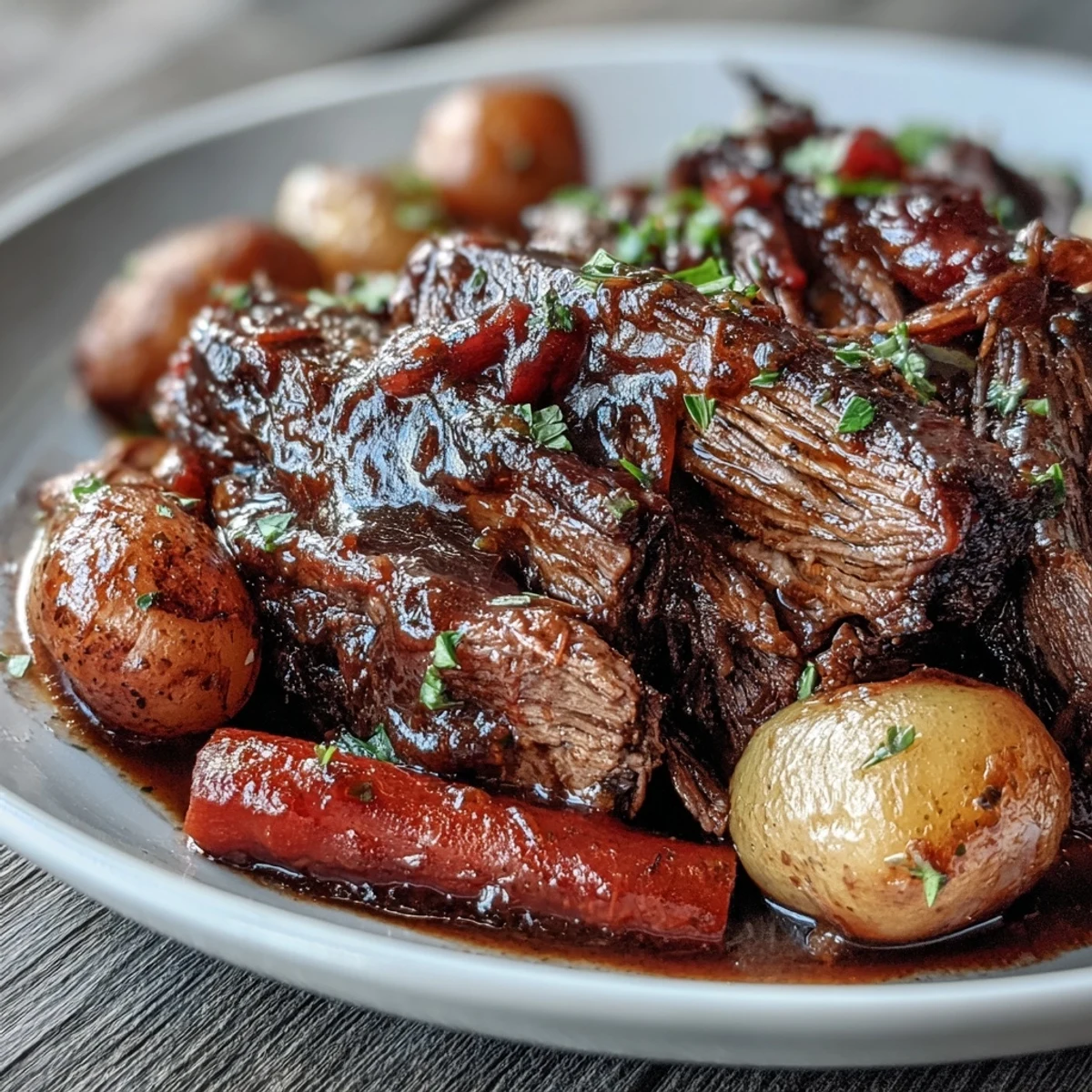 Tender slow-braised beef pot roast surrounded by carrots, celery, and baby potatoes in a rich red wine gravy.