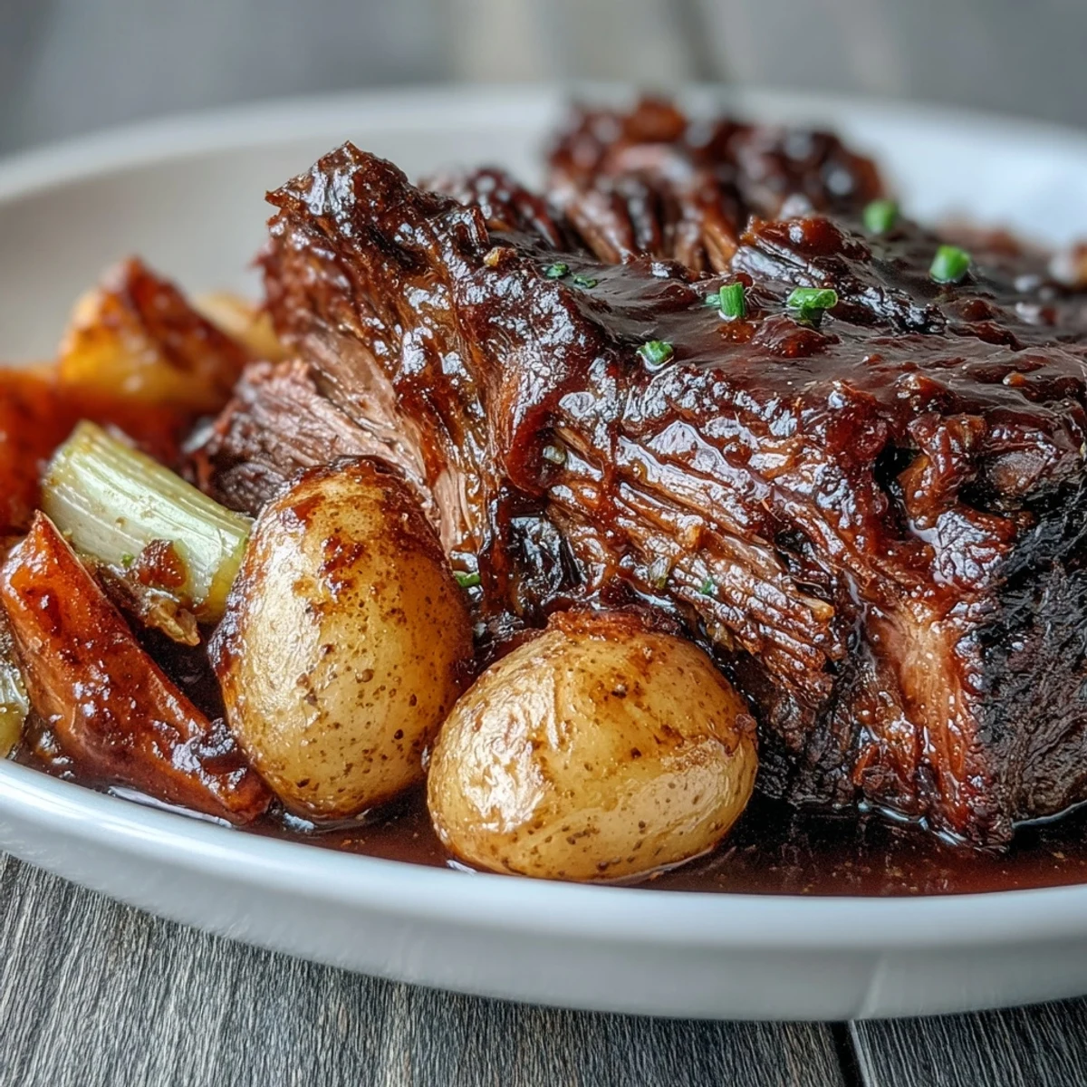 Golden seared beef pot roast in a savory herb broth with aromatics, simmered low and slow for maximum tenderness.