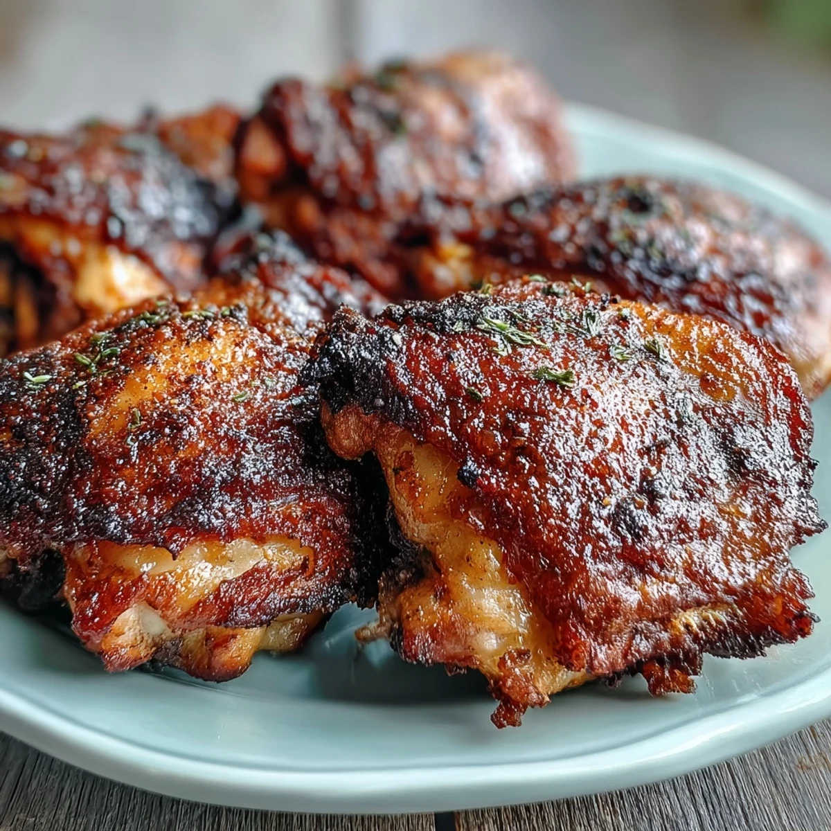 Crispy Baked Bone-In Chicken Thighs fresh from the oven with golden crackling skin, served alongside lemon wedges and fresh parsley.