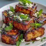 Grilled watermelon salad with feta and mint, featuring smoky-sweet melon, creamy cheese, and fresh herbs on a platter.