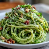 Vibrant green avocado pesto coats al dente pasta, topped with Parmesan and fresh basil for an easy vegetarian dinner.  