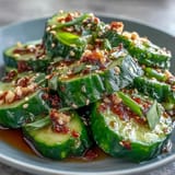 Refreshing smashed cucumber salad featuring crisp cucumbers tossed in tangy rice vinegar, soy sauce, and chili oil for bold flavor.