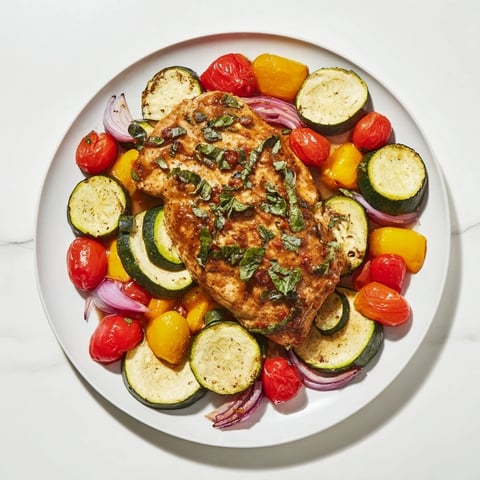 Tender Basil-Soft Chicken and Veggie Sheet Pan Dinner with roasted zucchini, peppers, and juicy chicken.