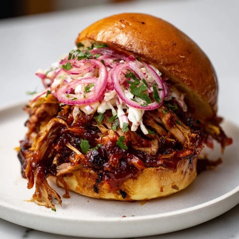 A close-up of fire-kissed BBQ pulled pork sandwiches, juicy meat piled high on toasted buns.