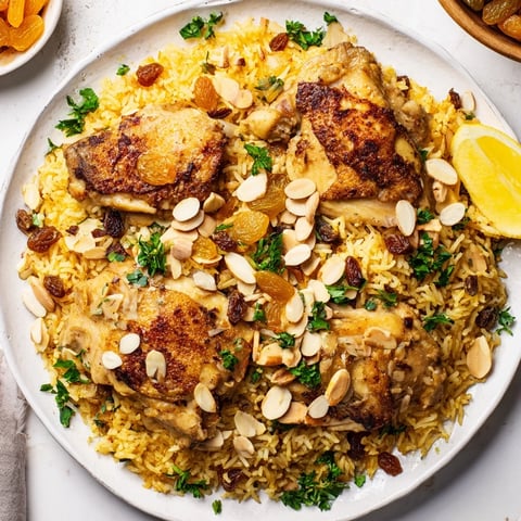 Golden saffron chicken and rice pilaf, a one-pot meal showcasing fluffy rice and tender chicken.