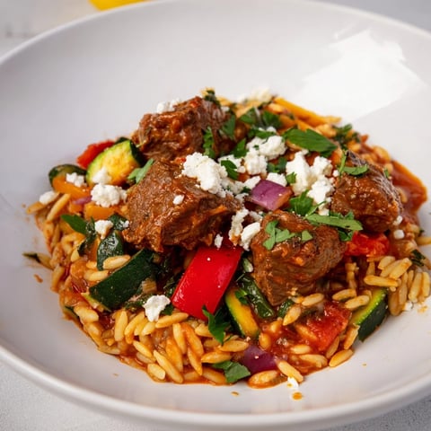 A steaming bowl of Smoky Mediterranean Lamb and Orzo Supper is presented with fresh herbs and feta.