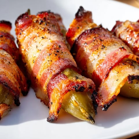Golden brown bacon-wrapped pickles resting on a cooling rack, releasing savory aromas from the oven.  