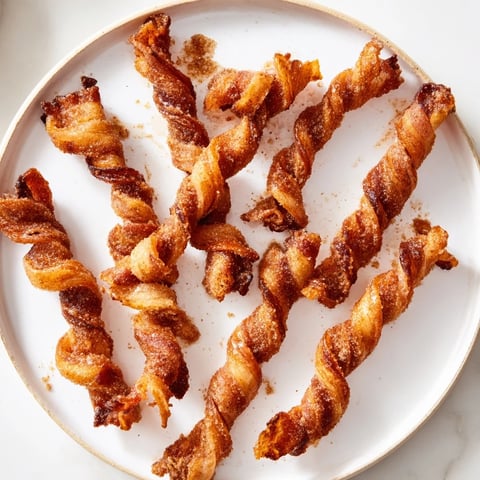 Golden Spiced Bacon Twists glistening with cinnamon-sugar, baked to crispy perfection on a wire rack, ready for brunch or a savory snack.  