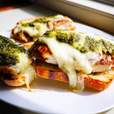 Grilled chicken breast topped with melted mozzarella and pesto on a toasted ciabatta roll, served hot.