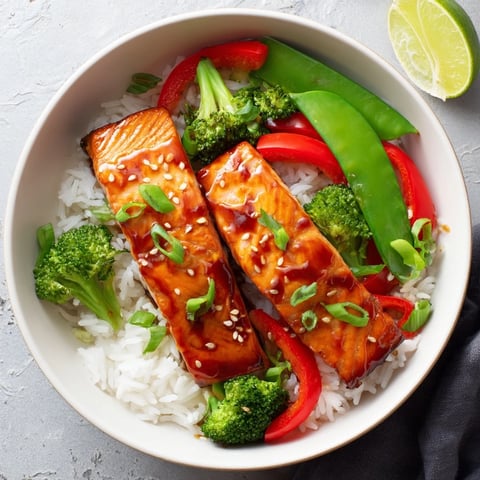 Flaky, glazed salmon fillets shimmer in a glossy maple soy sauce, nestled beside fluffy jasmine rice and vibrant steamed vegetables.