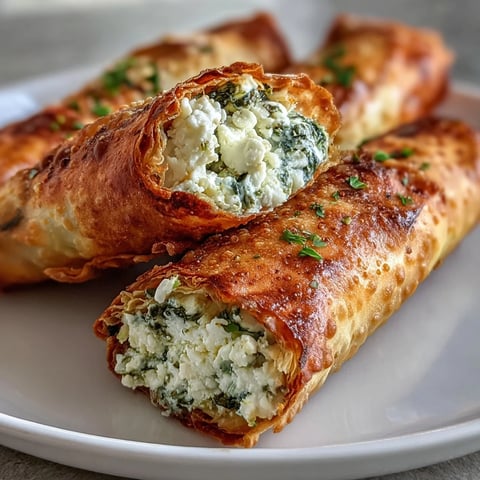 Golden-brown Spanakopita Spring Rolls rest on a white plate, revealing flaky wrappers and a vibrant spinach and feta filling.
