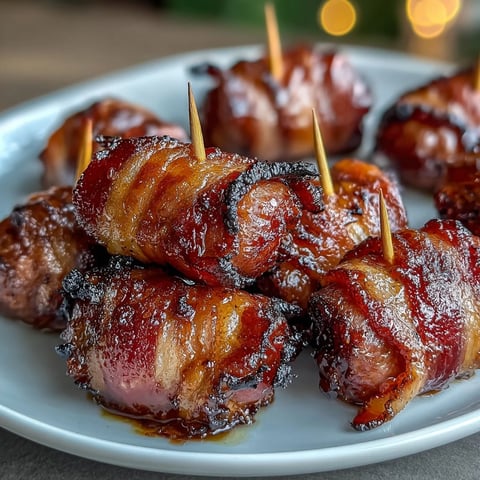 Golden-brown Bacon-Wrapped Smokies fresh from the oven, glistening with a sticky, caramelized brown sugar glaze. 