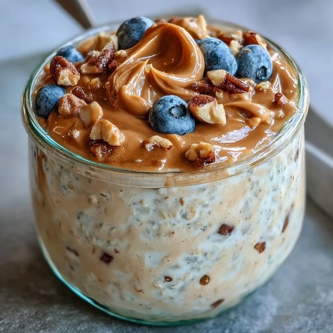 Overnight oats with creamy peanut butter and protein powder sit in a jar, topped with sliced bananas.