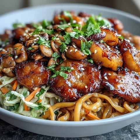 Clos-up of Potsticker Noodle Bowls showcasing browned pork, crisp cabbage, and carrots coated in a glossy, savory sauce.