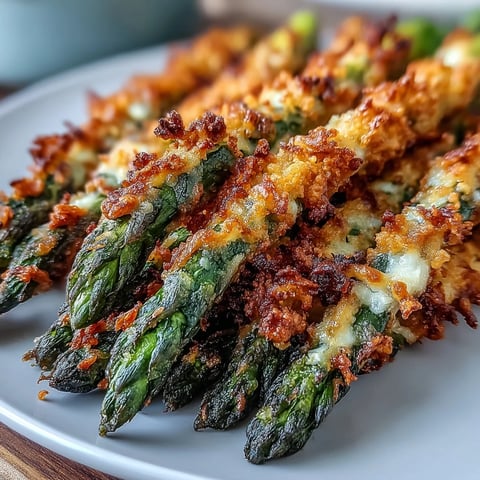 Golden-brown Crispy Asparagus Asiago Spears with a crunchy panko coating and lemon wedges on a white plate.