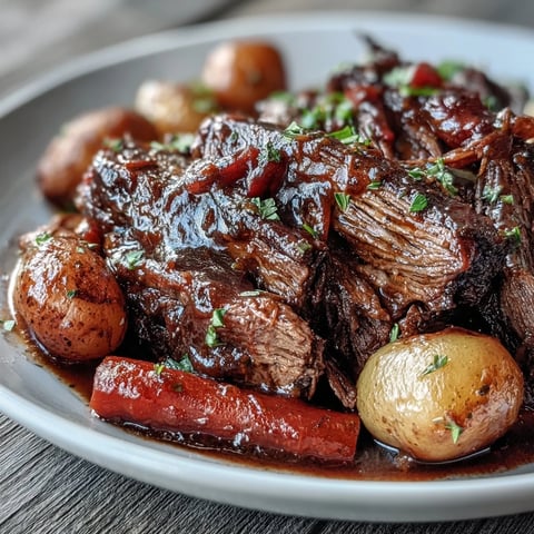 Tender slow-braised beef pot roast surrounded by carrots, celery, and baby potatoes in a rich red wine gravy.