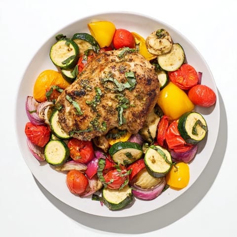 Picture a colorful platter of Basil-Soft Chicken and Veggie Sheet Pan Dinner, ready to be served hot and delicious.