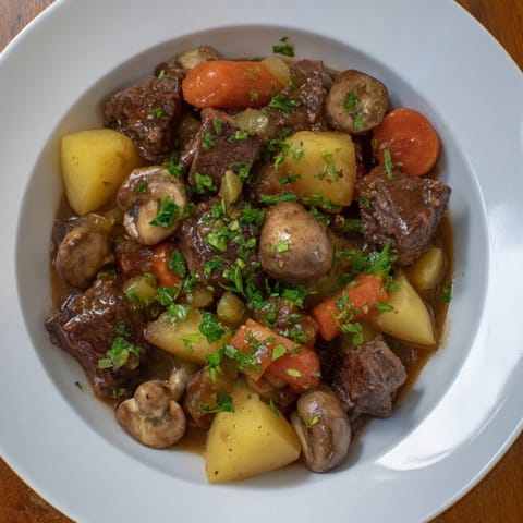 Flavorful earthy beef stew with tender vegetables and crusty bread, perfect comfort food.