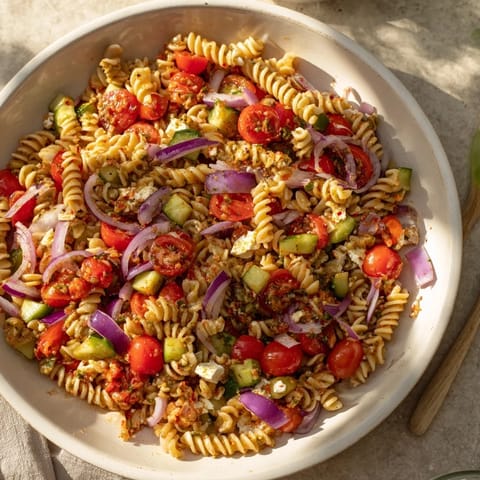 Tangy olives and fresh herbs top this delicious Mediterranean Olive Oil and Feta Pasta Salad.