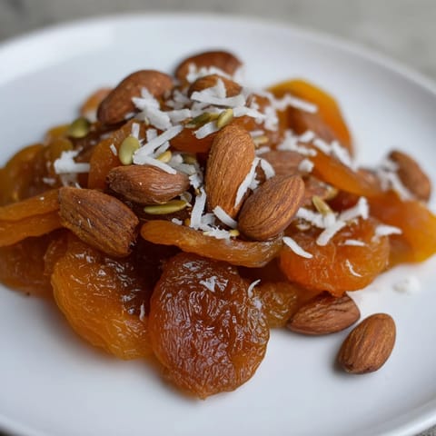 Close-up of a fruity fruit & nut pile with almonds and apricots; crunchy textures.