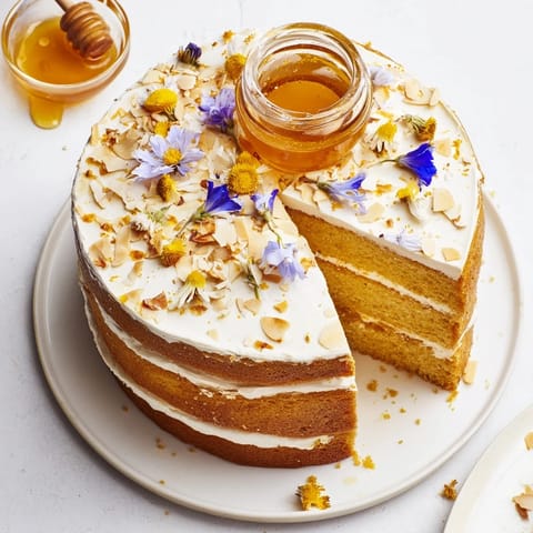 A close-up of The Honey-Drip dessert, showing honey seeping into the moist cake layers.